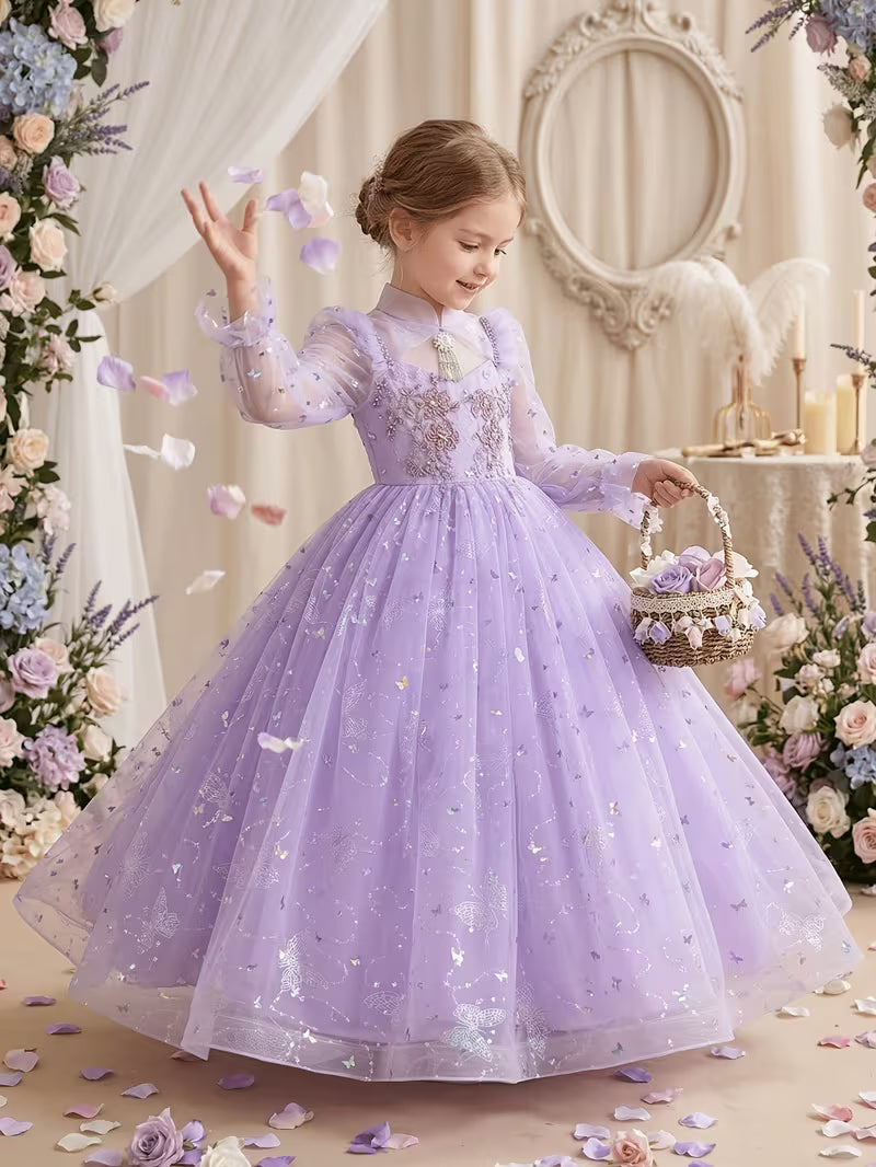 Dreamy Lavender Sequin Long Sleeve Princess Gown